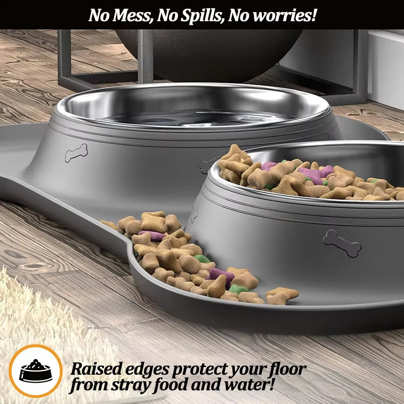 Stainless Steel Slow Feeder Dog Bowl Set with Waterproof Silicone Mat - No Spill, Non-Slip Feeding Station for All Breeds