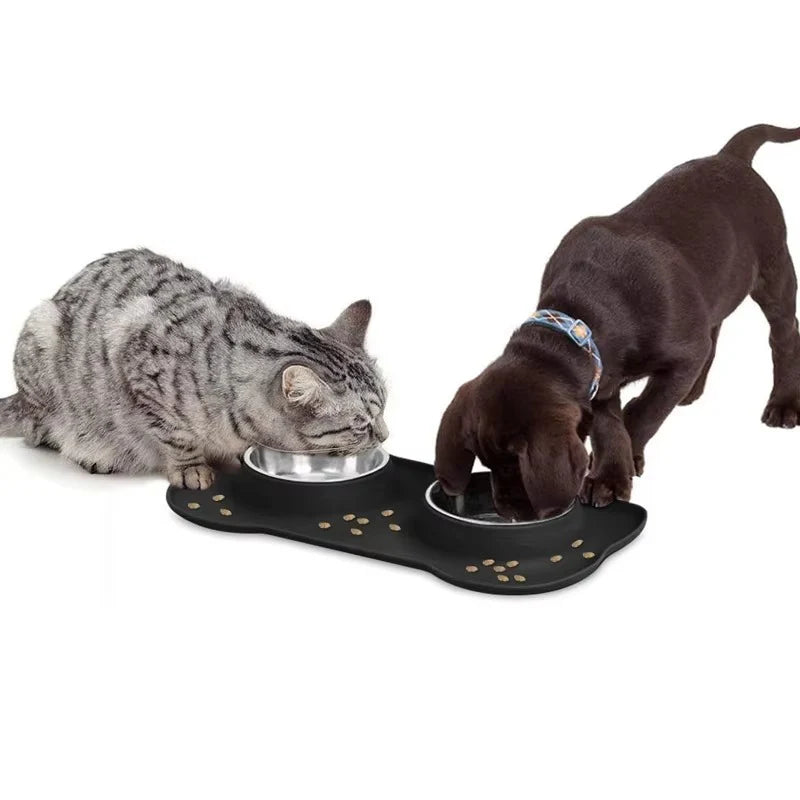 Stainless Steel Slow Feeder Dog Bowl Set with Waterproof Silicone Mat - No Spill, Non-Slip Feeding Station for All Breeds